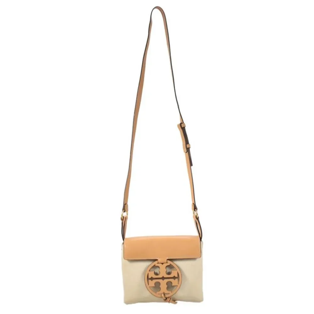 Tory Burch Womens Canvas Leather Logo Crossbody Handbag Beige Brown